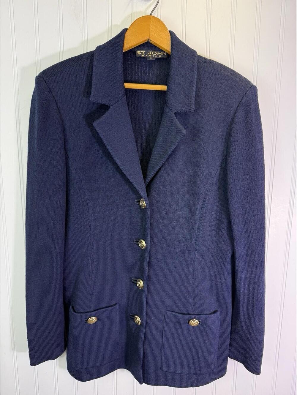 St. John Basics Santana Knit Blazer Jacket Women’s 8 Navy Blue Gold Button
